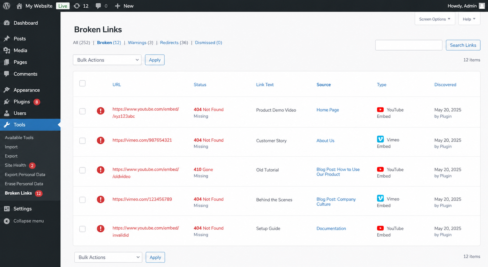 Broken Link Checker by AIOSEO detecting dead YouTube and Vimeo videos on WordPress dashboard