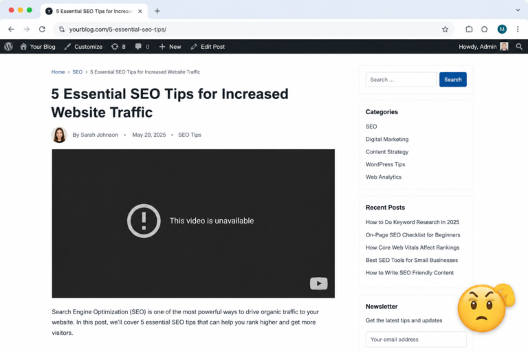 Example of a dead YouTube video embed showing black screen with unavailable message on a blog post
