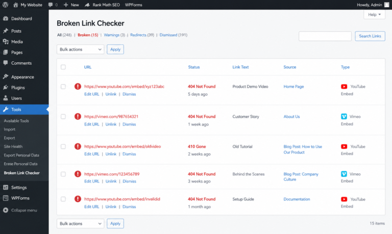 Broken Link Checker dashboard showing dead YouTube and Vimeo video links with edit and unlink options