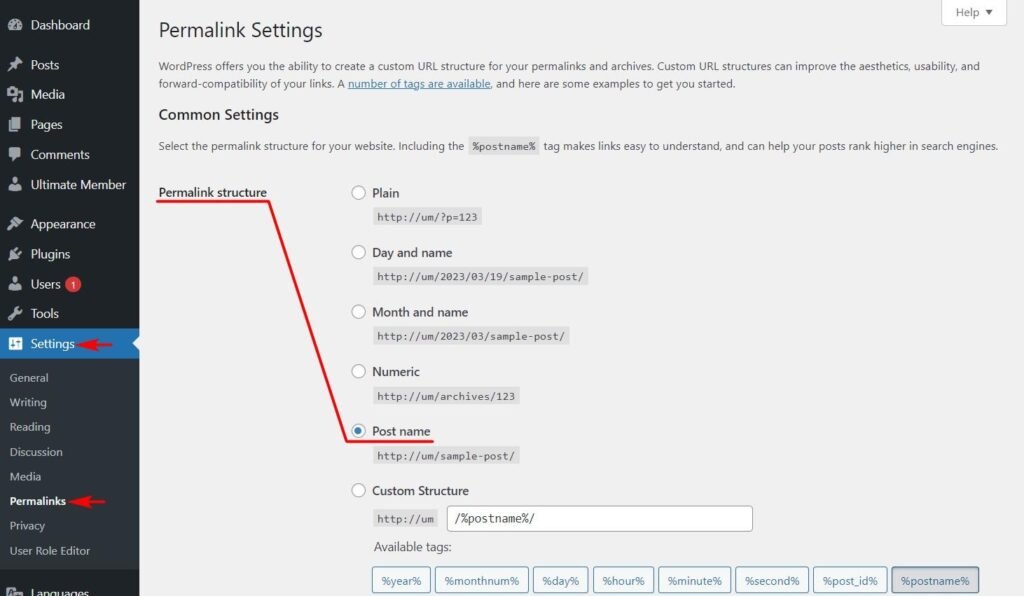 WordPress permalink settings