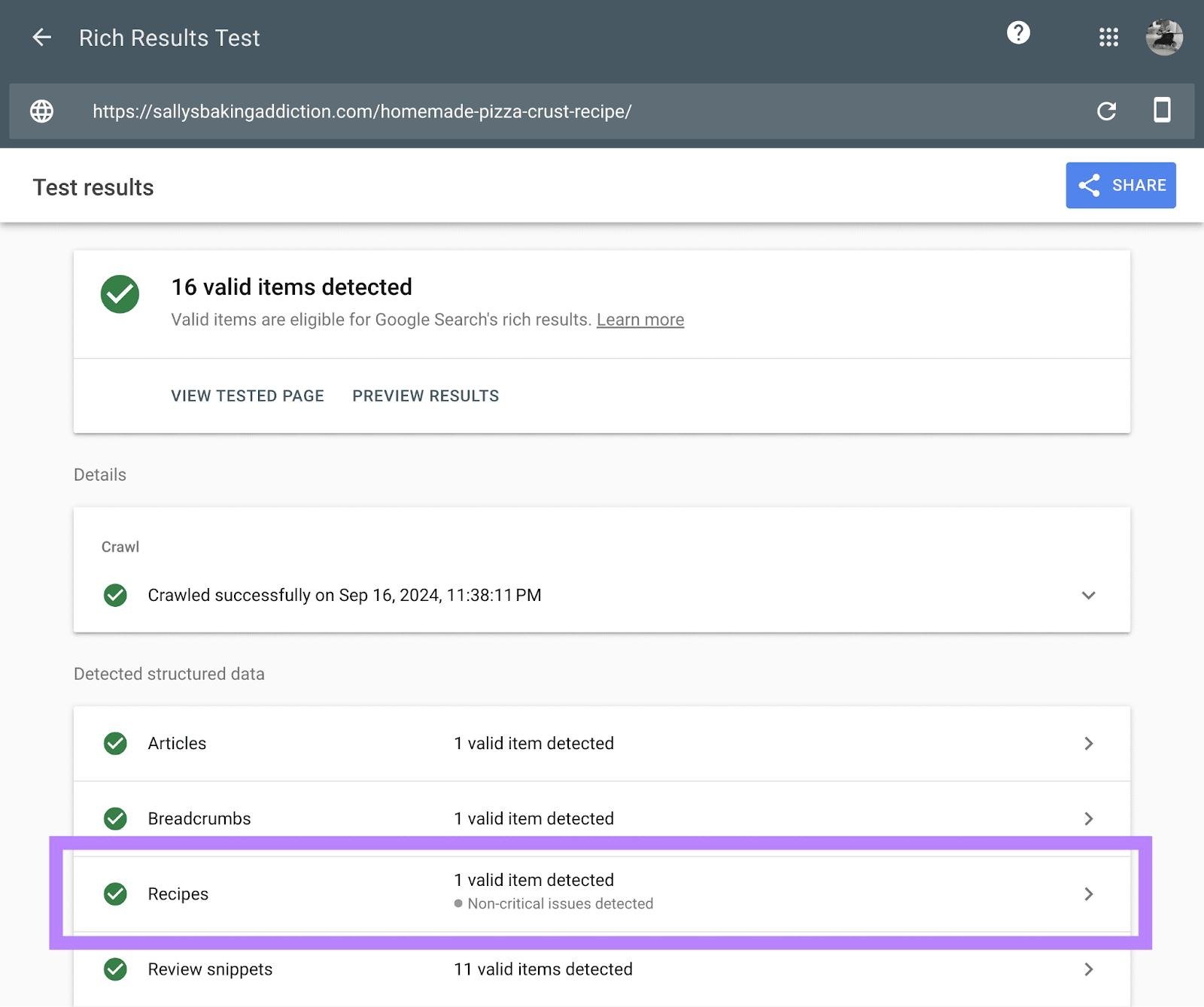 Test your recipe and monitor Google Search